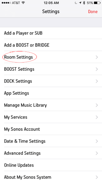 The Room Settings option in the Sonos app